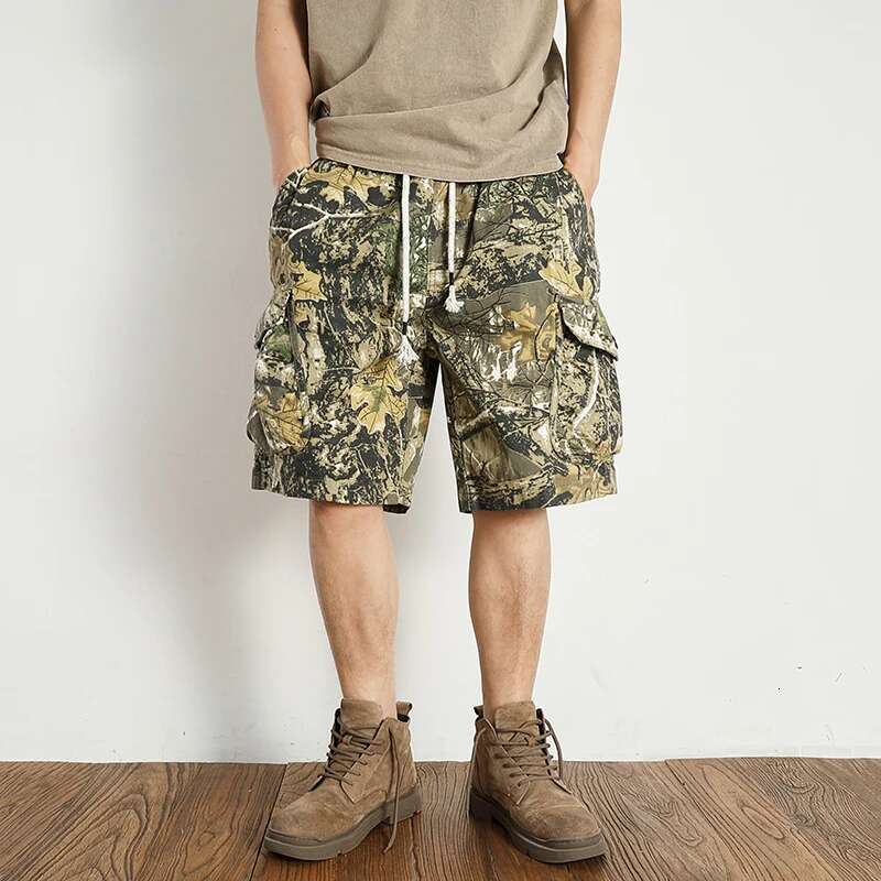 Vintage De Spot Camouflage Cargo Shorts Men's Loose Straight Leg Summer New Multi-Pocket Quarter Casual Pants Trend