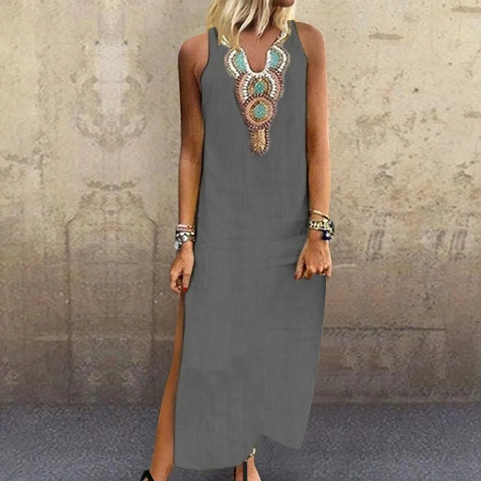 Womens Summer Dress Loose Bohemian Flower Printed Sundress Casual Sleeveless Linen Long Dress Womens Robe 250213