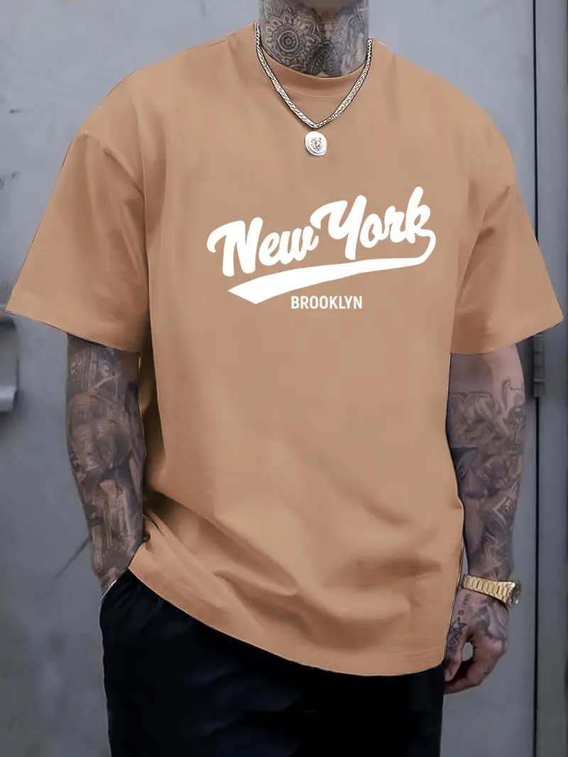 Print Men's Round Crew Neck Short Sleeve Tee, Fashion T-Shirt, Comfy Breathable Casual Sports Top For Spring Summer Holiday Leisure Vacation