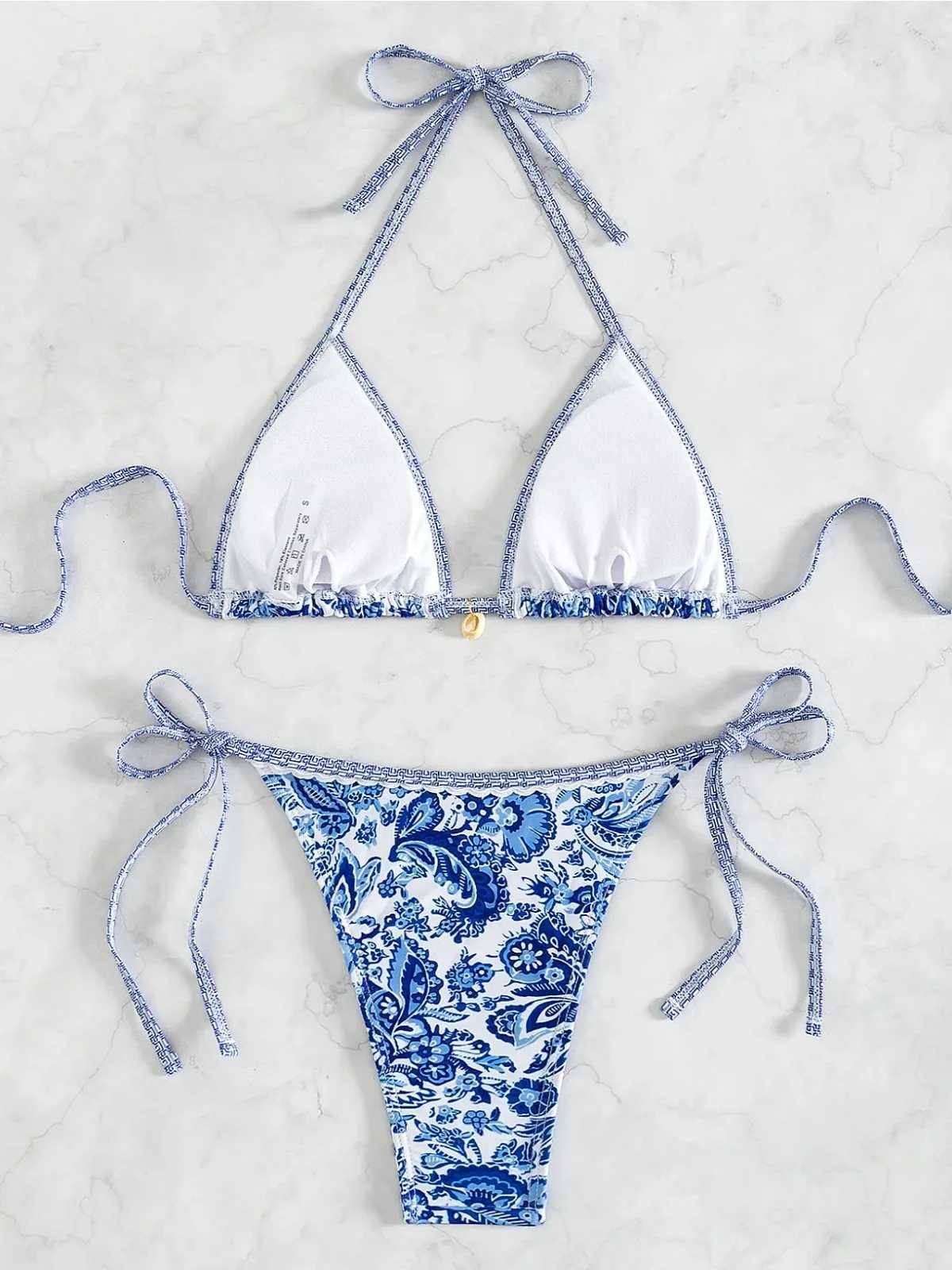 Flower Print Two Piece Swimsuit for Women Sexy Halter Backless Bikini Set 2024 Summer Triangle Bra Beach Vacation SwimwearW250214