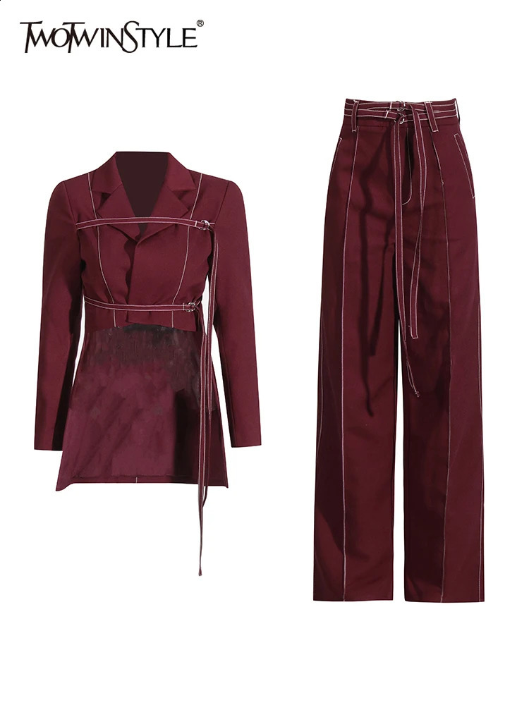 TWOTWINSTYLE Burgundy Two Piece Set For Women Notched Collar Long Sleeve Top High Waist Straight Pant Temperament Sets Female 250210