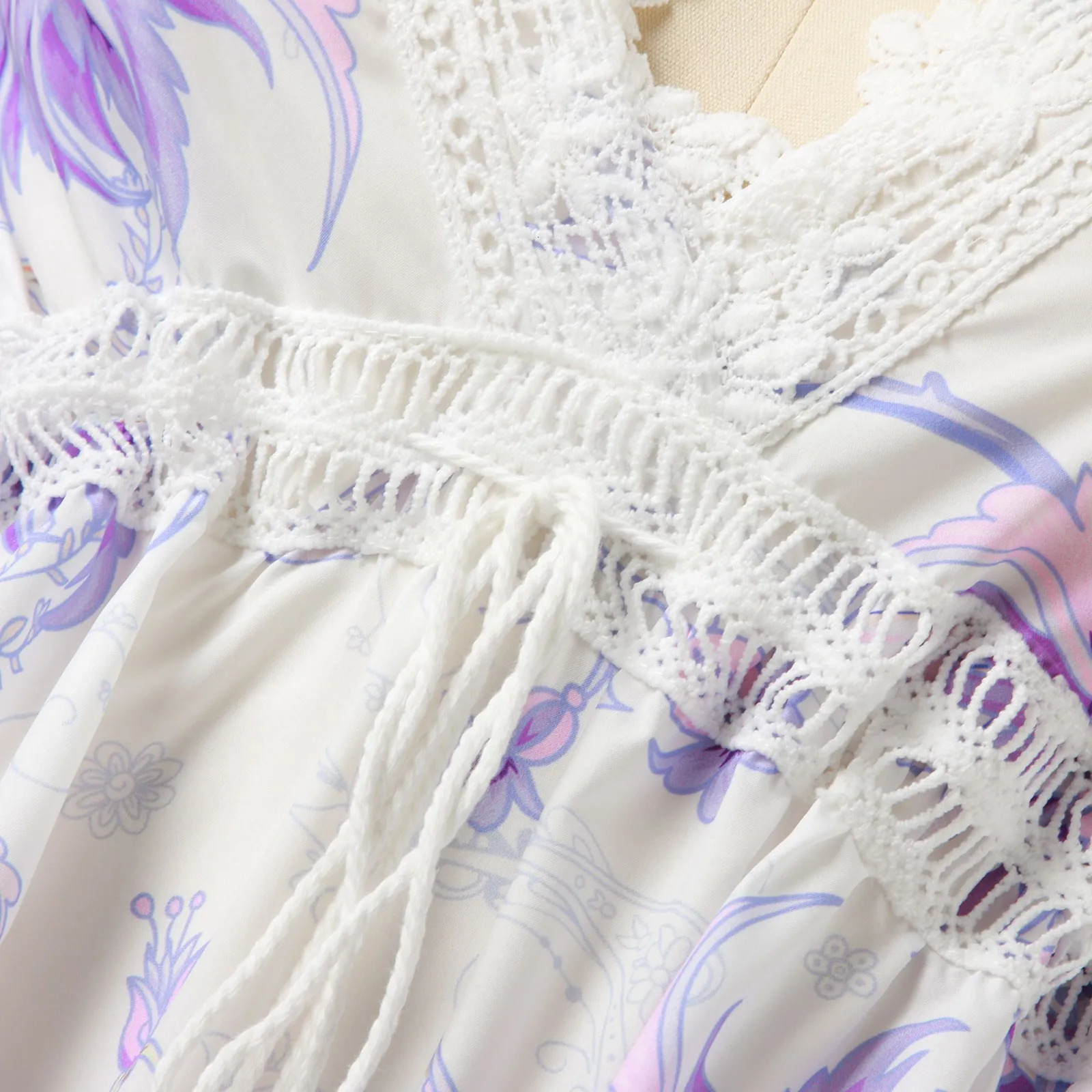 Summer Sexy Hollow Out Print Vintage Dress Women Elegant Long Sleeve A-Line Dresses Fashion Deep V Neck Party Dress 250213