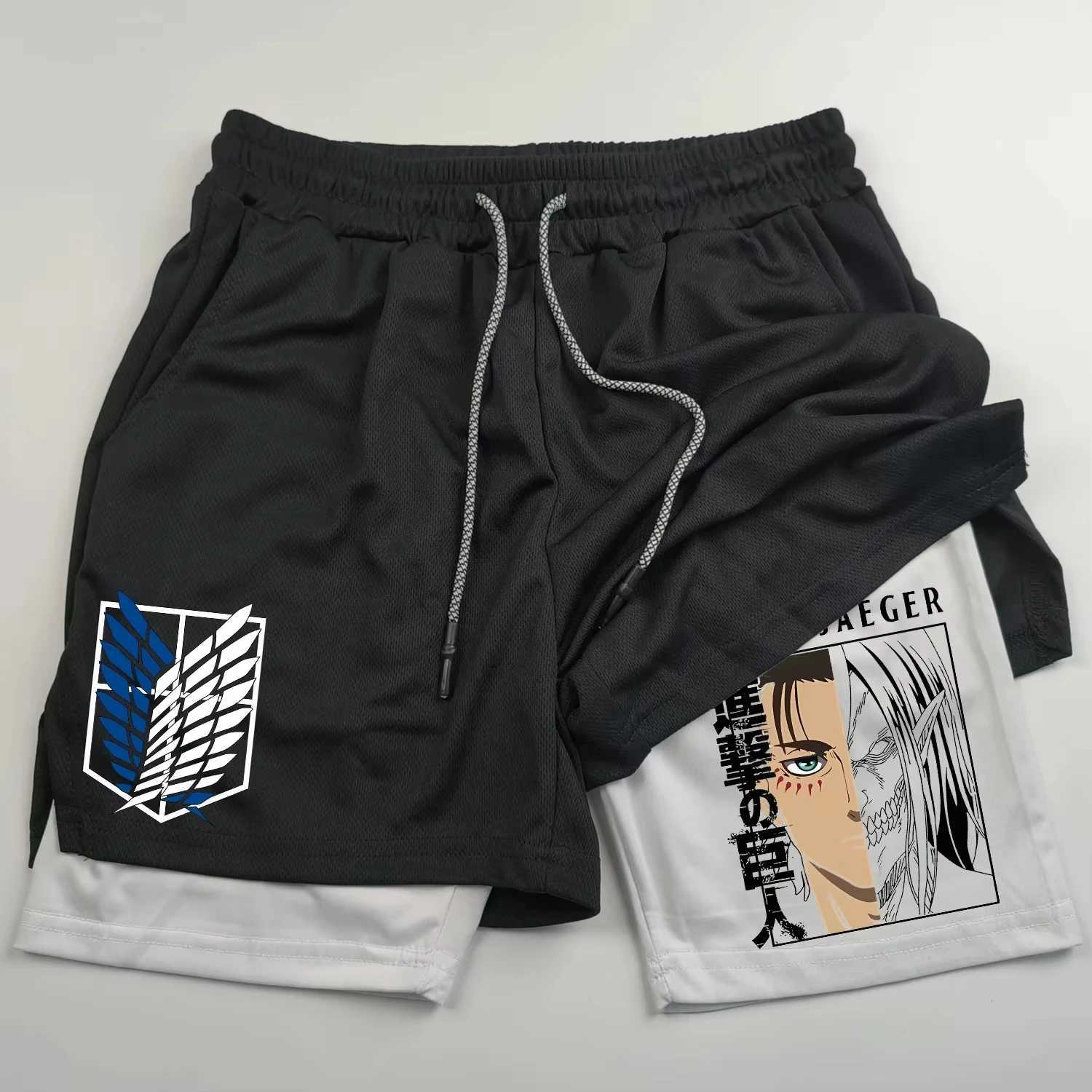 2-in-sports shorts anime Attack on Titan mens shorts quick drying breathable sports fitness shorts outdoor running gym short W250215