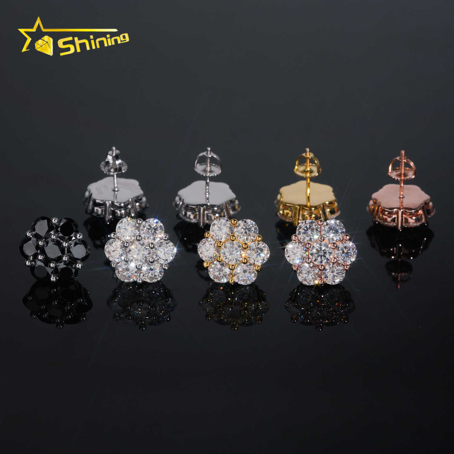 Hot Sale Design Gold Plated Flower Set Lab Diamond Moissanite S925 Sterling Silver Iced Out Jewelry Stud Earrings Men Women