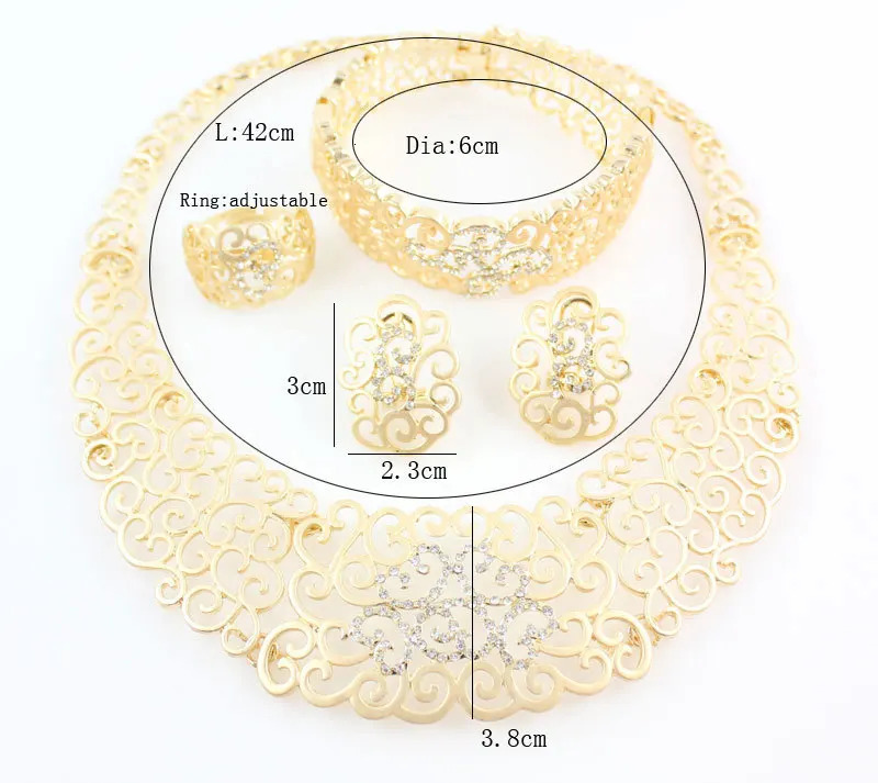 African Costume Jewelry Sets Gold Color Crystal Wedding Women Bridal Accessories nigerian Flower Pattern Necklace Set 250213