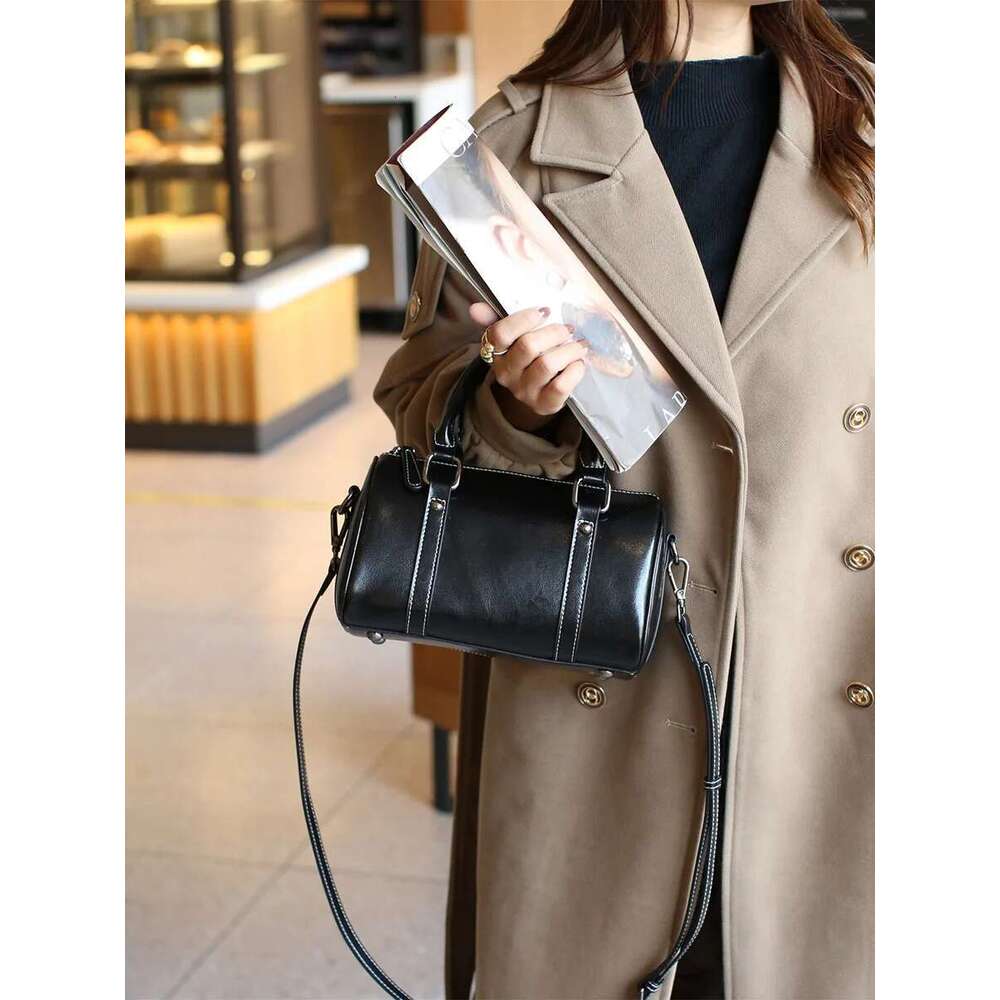 Wax Cowhide Crossbody Women's Bag Classic Texture Boston Pillow Bag