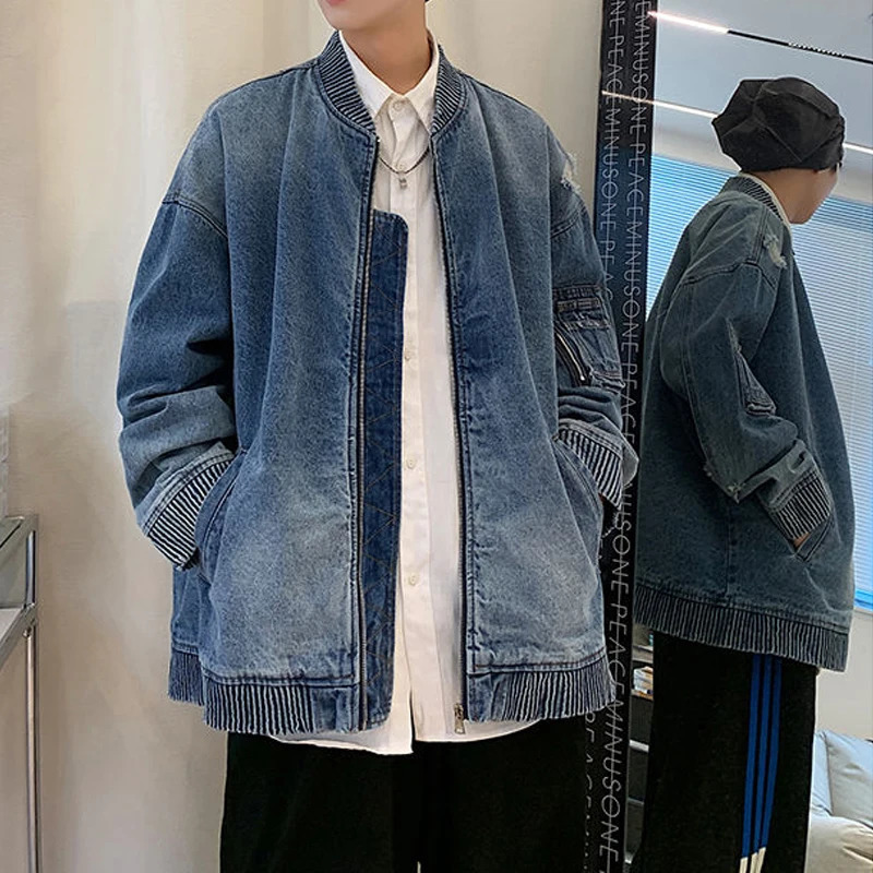 Mens Trendy American Vintage Streetwear Oversized Washed Denim Jacket Y2K Harajuku Korean Casual Long Sleeve Zipper Cowboy Coat 250212