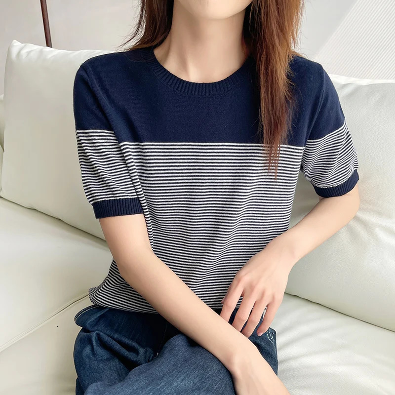 Womens TShirt Summer 100% Cotton Sweater Short Sleeve Striped Knitted Round Neck Ladies Tops Loose Blouse Pullover Tees 250211