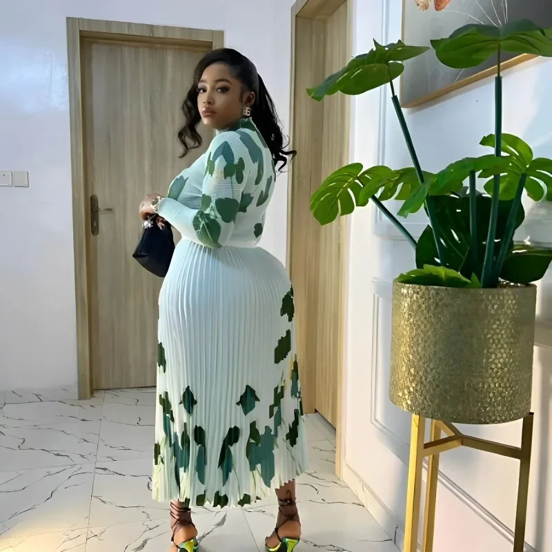 Miyake Pleated Corn Grain Top with Plant Print Long Sleeved Skirt Set Twopiece Womens Clothing 250214