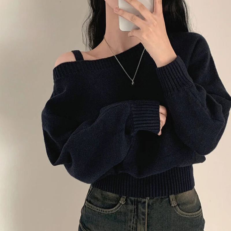 Winter Solid Retro Knitted Floral Womens Sexy Off Shoulder Sweater Fashion Y2k Top Womens Fashion Casual Clothing 250210