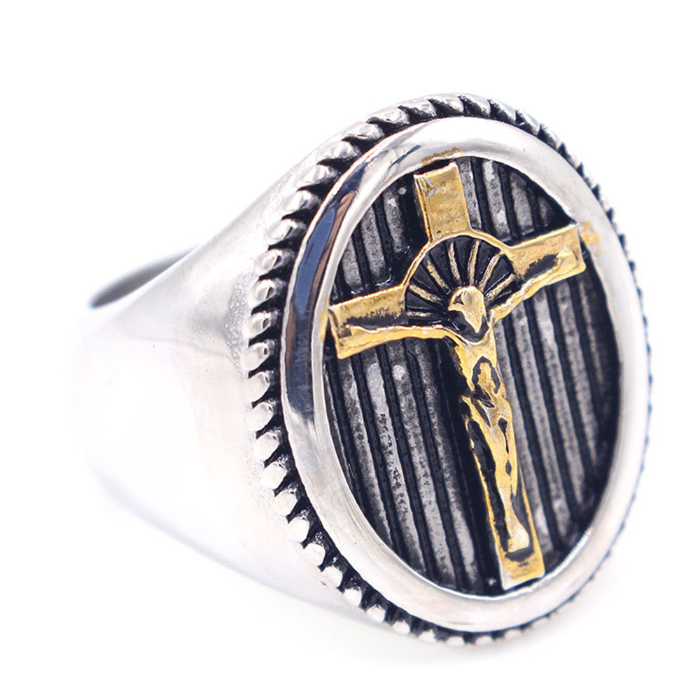 Classic Vintage Simple Jesus Cross Ring Titanium Steel Gold Plated Religious Jewelry