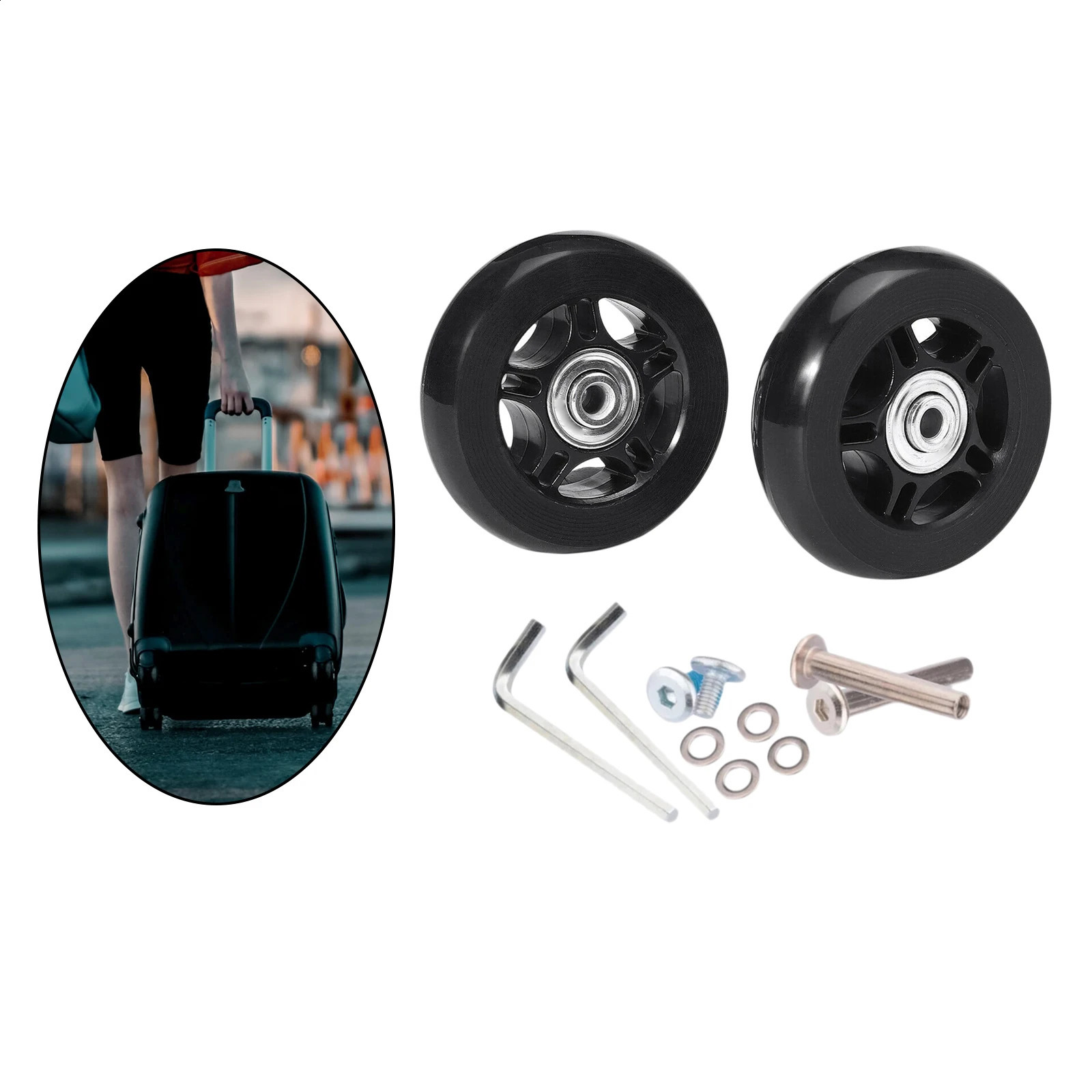 2Pcs/Set Luggage Suitcase Wheels Bearings Repair Kits Flexible Wear Resistant Universal Wheel Rubber Mute Screw Tool Black 250214