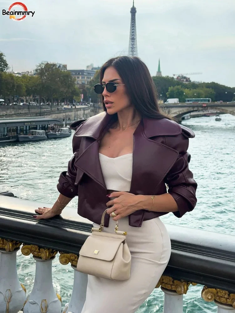 Women Burgundy Lapel Leather Jackets Fashion Casual Loose Pockets Long Sleeve Coats Spring Female High Street Outerwear 250211