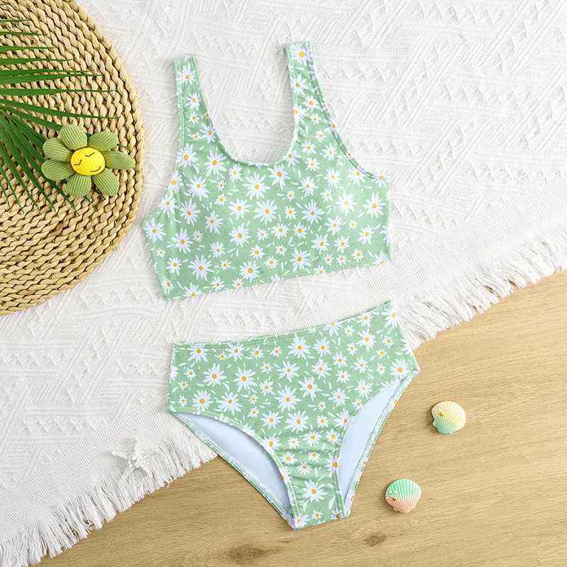 2025 Floral Girls Swimsuit High Waist Bikini Kids Swimwear Female Childrens Bathers Bathing Swimming Swim Suit Summer BeachwearXJ250214