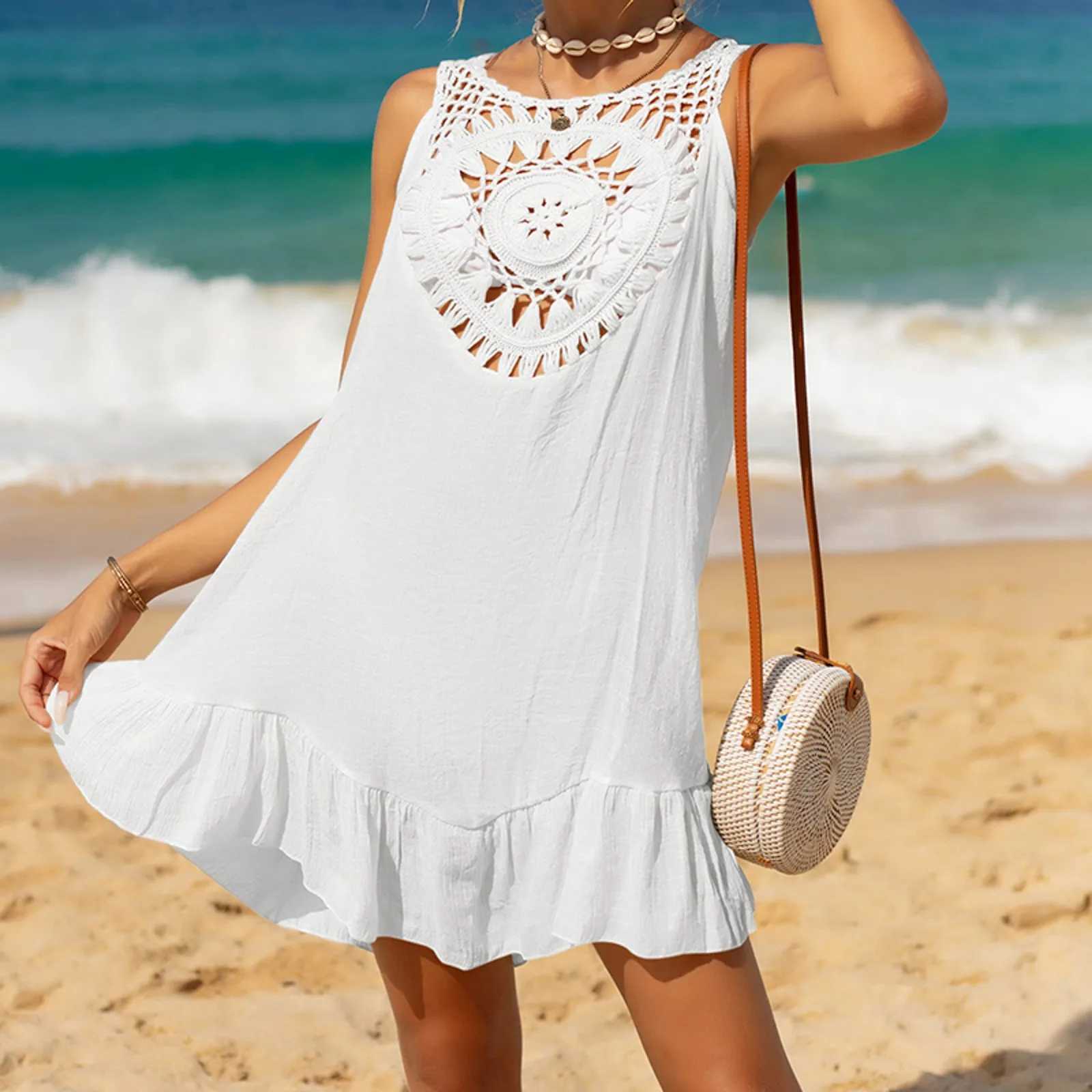 Linen Swim Cover up for Women Womens Swimsuit Smock 2024 Summer Crochet Hollow Knit Swimsuit Beach Dress Swim Dress WomenW250214