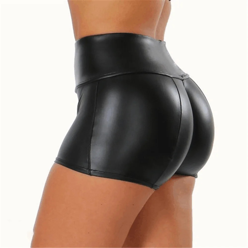 Sexy Nightclub Leather Short High Waist Stretch Push Up Black Pants Sports Fitness Female Slim Shorts 250213