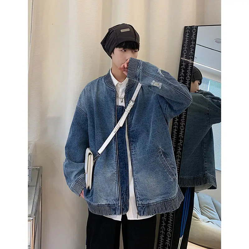 Mens Trendy American Vintage Streetwear Oversized Washed Denim Jacket Y2K Harajuku Korean Casual Long Sleeve Zipper Cowboy Coat 250212