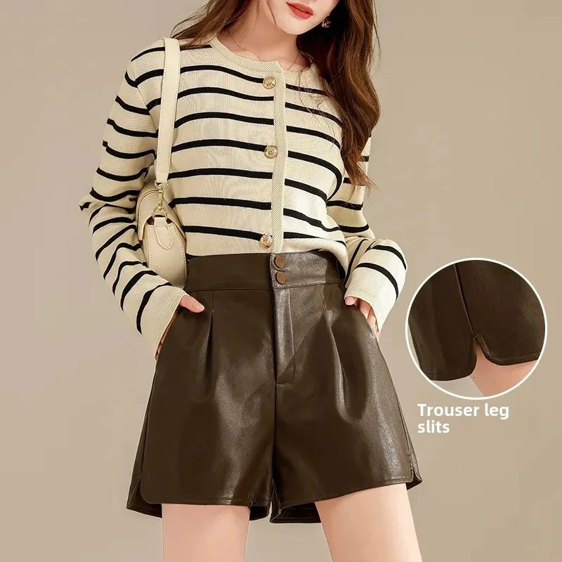 Womens HighWaisted Slimming ALine Coffee Colorful Leather Shorts Casual Outerwear For Autumn Winter 2024 Arrival 250213