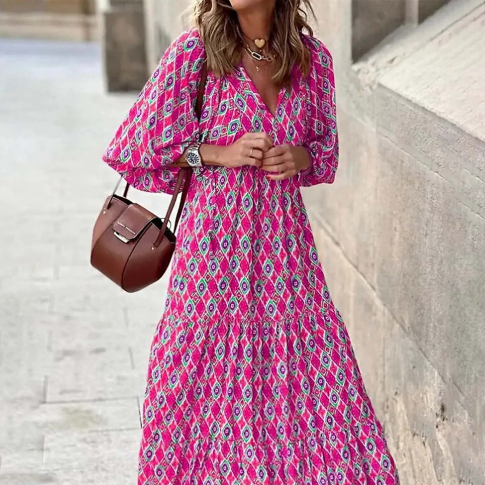 Womens Bohemian Maxi Dress Summer Floral Print Bell Sleeve Loose Flowy Dress Female Girls Holiday Long Dresses A Line Sundress 250213