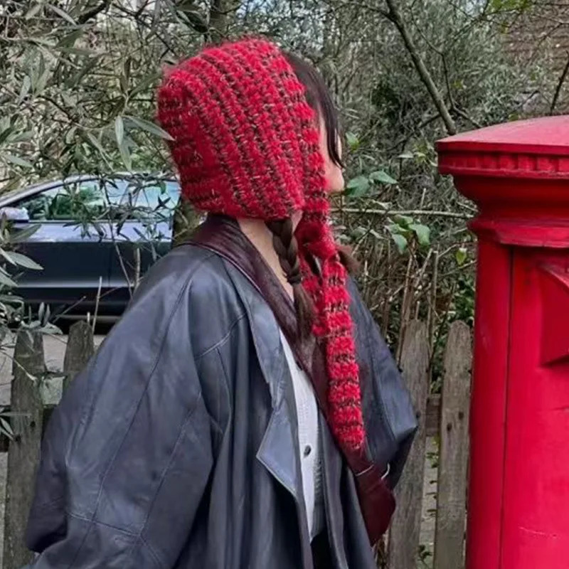 Niche Japanese Harajuku Stripe Contrast Balaclava Hat Autumn/Winter Street Y2K Fashion Zipper Strap Beanie Hat 250214