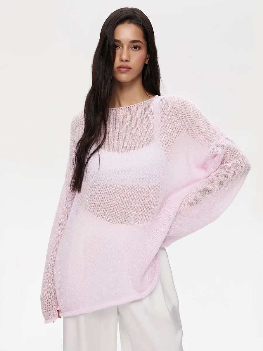 T Shirts Oversize Thin Knitted Pullovers Women Summer Trumpet Long Sleeve Shirt For Loose Top Tees Transparent Sweater 250211