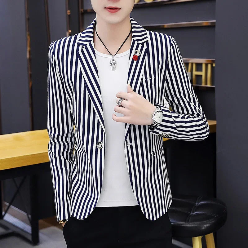 Mens Blazer Jacket Suit Male Casual Korean Style Trendy Slim Striped Student Small Hair Stylist Single Top 250214