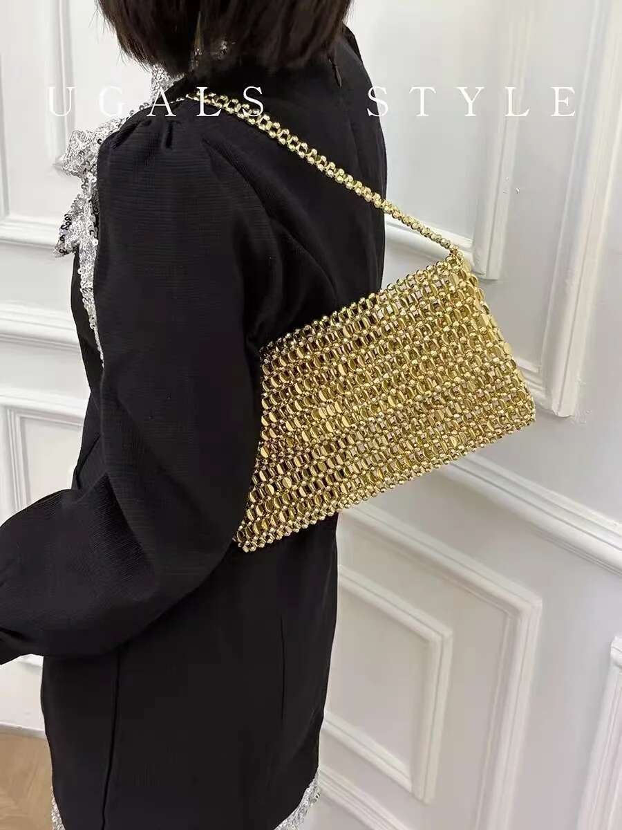 Fashion Beads Beading Woven Handmade Square Women's Handbag Glitter Shiny Shoulder Underarm Lady Purse Female Casual Bag