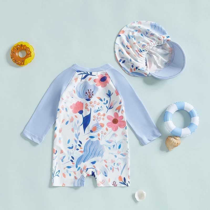 1-4Y Children Toddler Girl Long Sleeve Swimsuit Floral Print Half Zipper Non-Pilling Rash Guard Swimwear Sunhat Set SportswearXJ250214