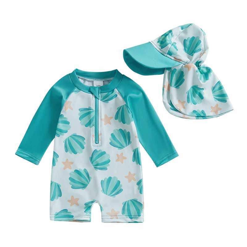 0-5Y Kids Boys Long Sleeve Swimwear Summer Shell Print Zipper Rash Guard Swimsuit and Hat Beachwear Bathing SuitXJ250214