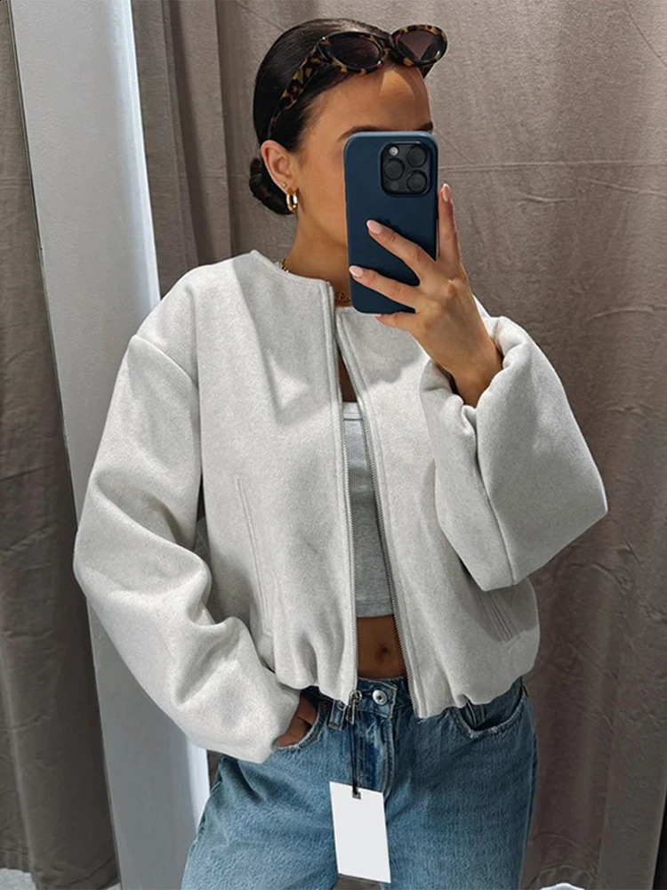 Casual Burgundy Red Mini Jacket Women Loose Solid O Neck Full Sleeve Zipper Pocket Female Coat Autumn Thicken Lady Outwear 250213