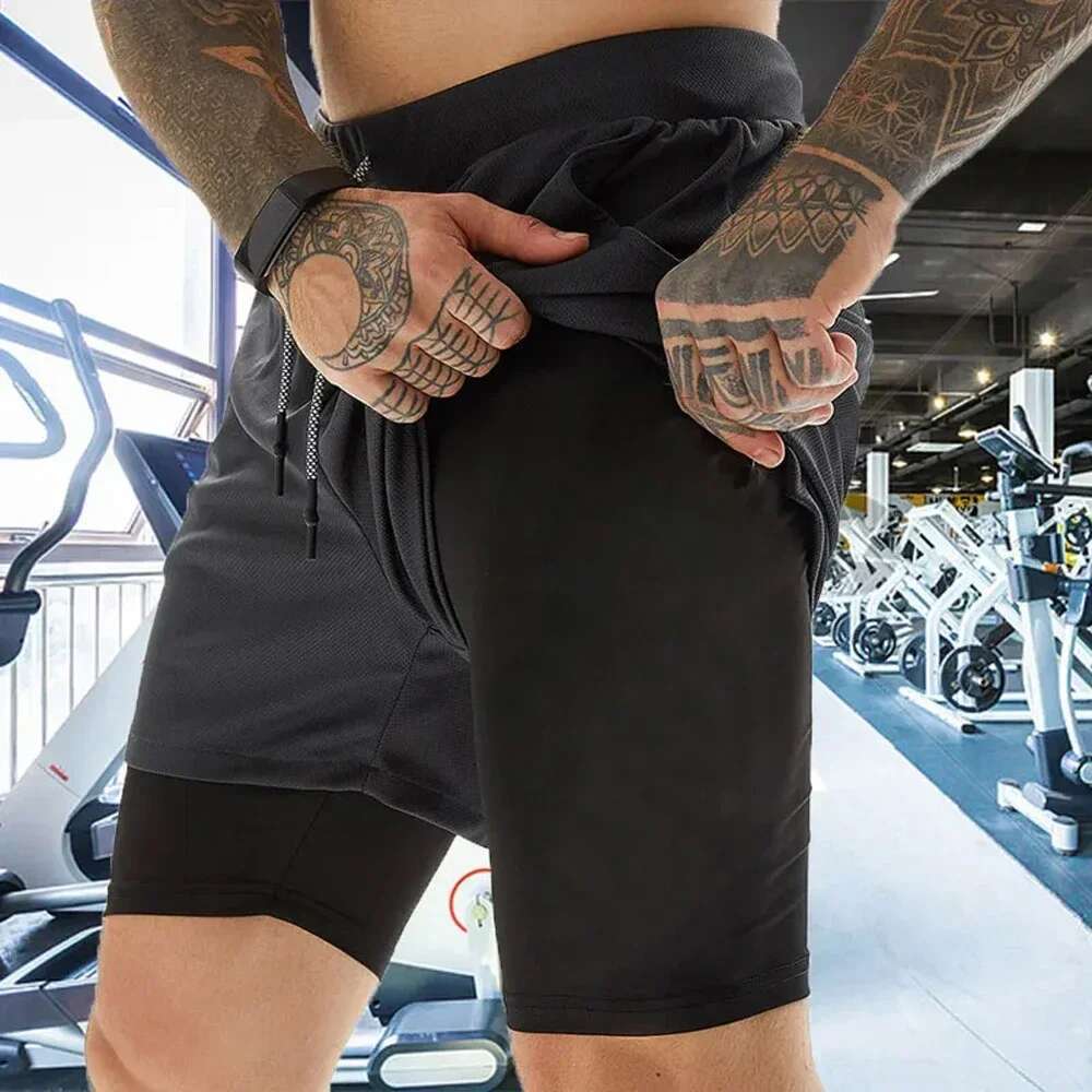 Men's Quick Drying Compression 2 In 1 GYM Breathable Shorts Printed Sports Fiess Double Layer Workout Tight Short Pants