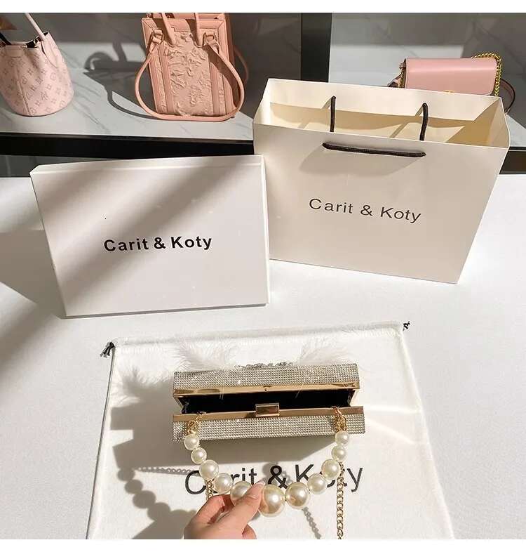 Pearl Beading Handheld Ostrich Hair Women's Handbag Crystal Shiny Dias Evening Wedding Party Clutch Purse Shoulder Bag