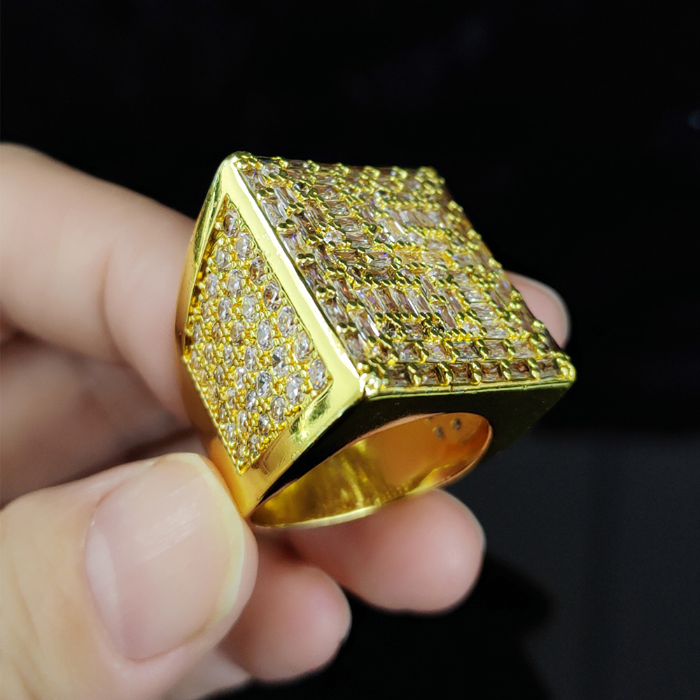 Hip Hop Cool Men Big Square Casting Ring TopBling T Zircon 18K Real Gold Plated Finger Ring