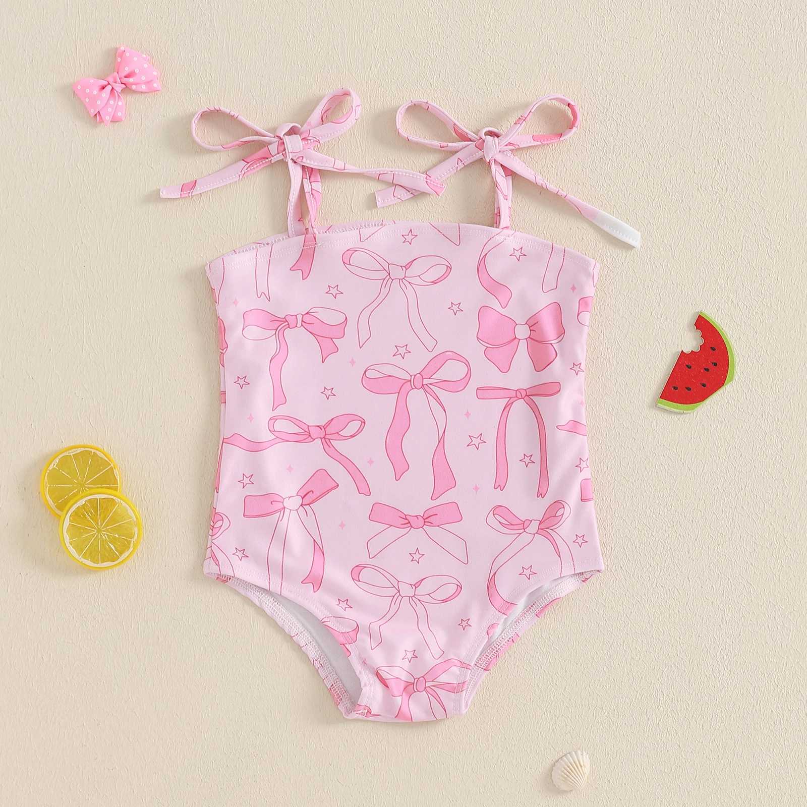 Kids Girls Sleeveless Bikini Swimsuit Cute Elastic Bow Print Strap Children Swimwear for Summer Beach Bathing SuitXJ250214