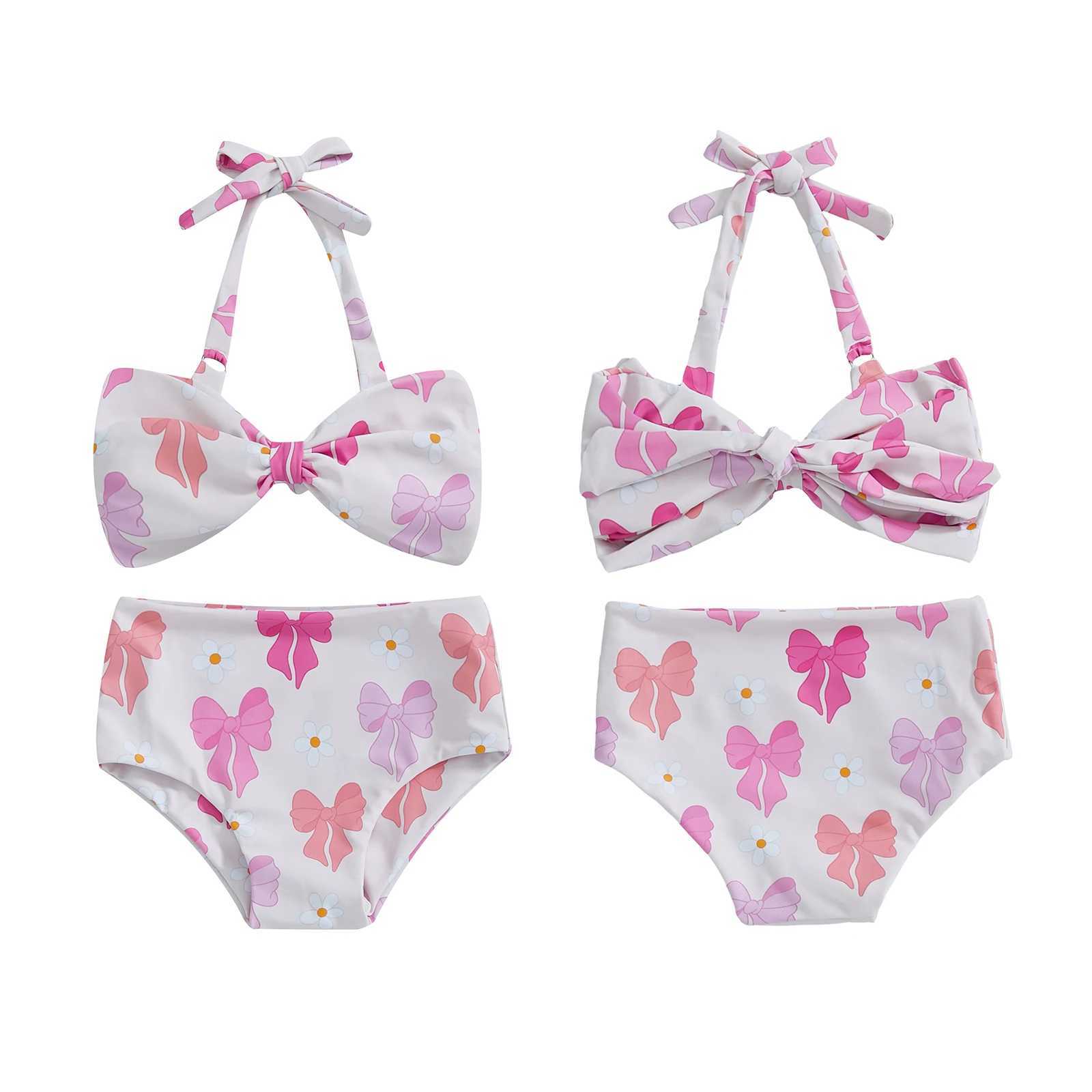 2025 New Kids Baby Girl 2 Piece Swimsuits Summer Bow Print Halter Neck Bikini Tops and Elastic Shorts Set Bikini Bathing SuitsXJ250214