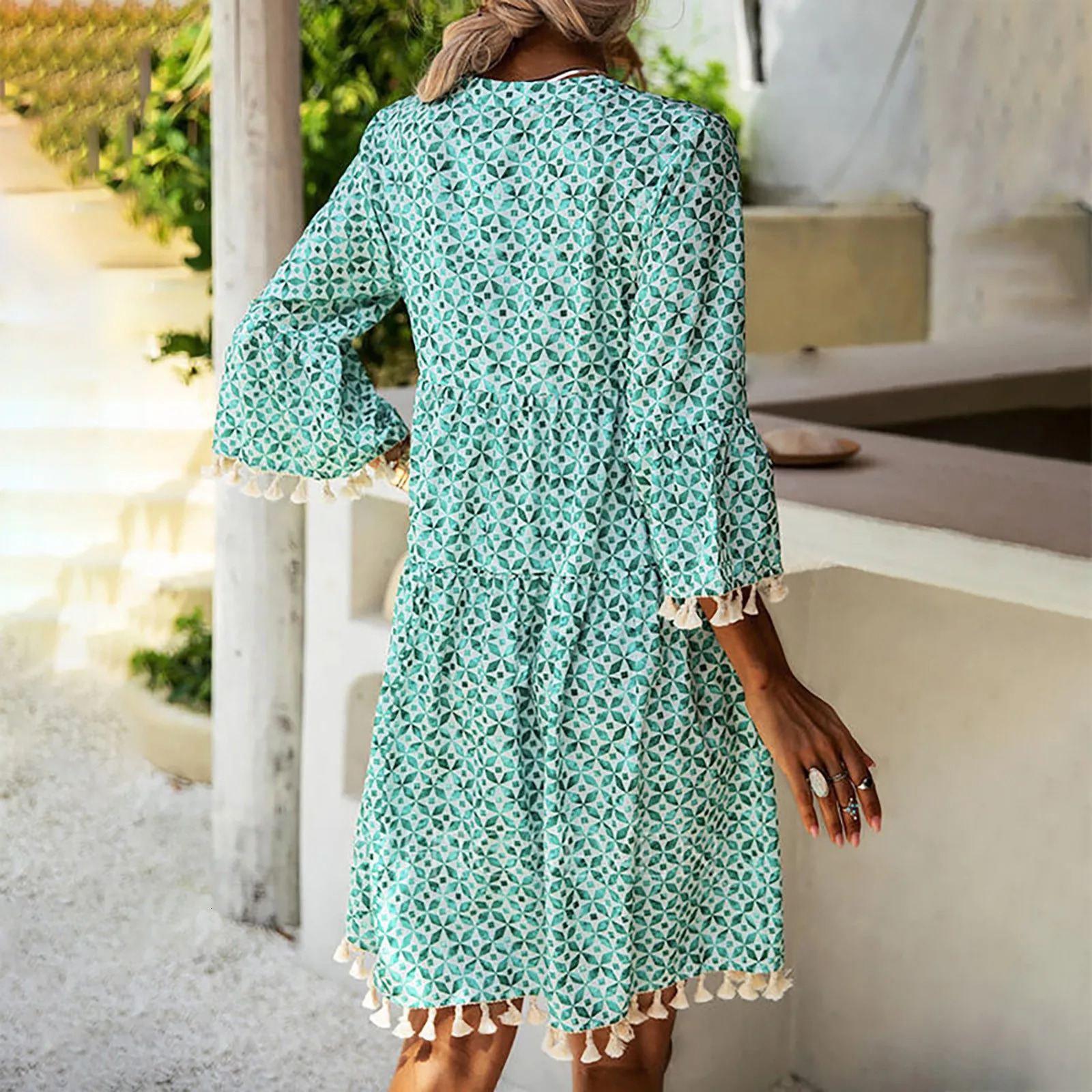 Ladies Holiday Lace Trim V Neck Short Sleeve Loose Beach Dress with Pockets Fashion Women Summer Casual Bohemian Print Dress 250213