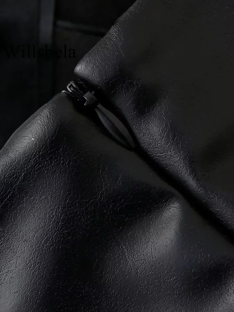 Willshela Womens Fashion PU Black Side Zipper Mini Ski Shorts Retro High Waist Chic 250213