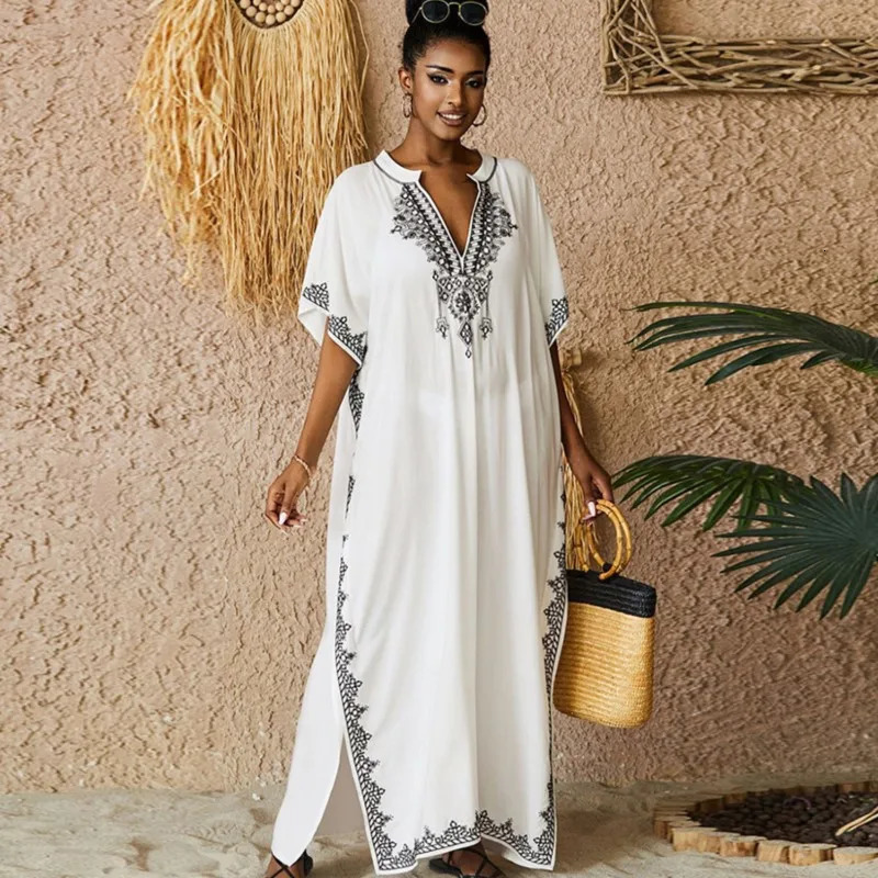 Womens Vintage Loose Dress Cotton Beach Cover-up Embroidered Robe Vacation Sun Protection Bikini Cover-up Sexy Dresses For Women 250213