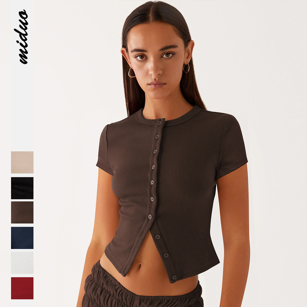 Designer Fashion Trend Free Shipping 2025 Summer Women Clothing New Collection Buckle Slimming Short Sleeved T-shirt Single Breasted Knitted Top