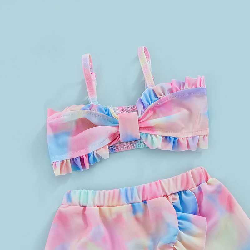 9M-4T Kids Girls Swimwear and Cover Up Summer Floral/Tie Dye Print Camisole Bra Elastic Shorts and Ruffle Skirt 3-Piece SetXJ250214