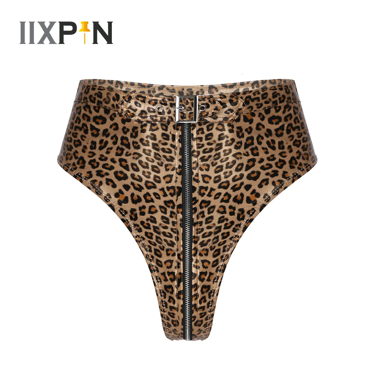 Womens PU Leather Leopard Sexy Clubwear High Cut Front Zip Up Booty Shorts Pants for Night Club Party Rave Knickers 250213