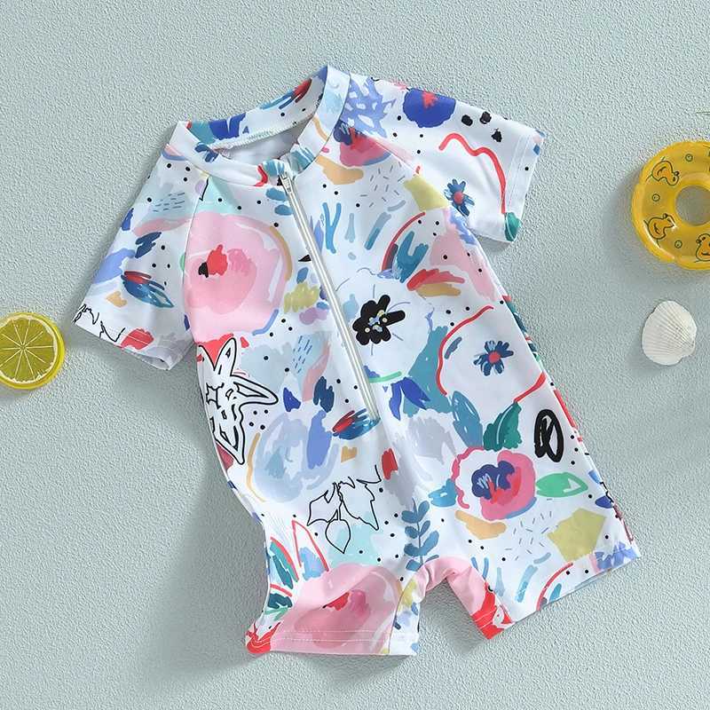 Infant Baby Girls Boys Rash Guard Swimsuit Playsuits Watercolour Print Zipper Short Sleeve Sun Protection Bathing Suit 0-3TXJ250214