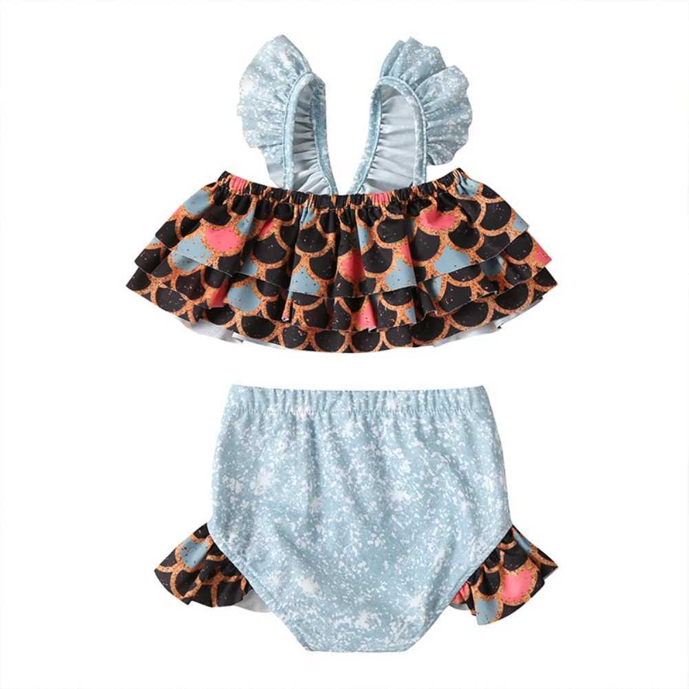 Summer Kids Girl Fish Scale Print Bikinis Sets Ruffles Crop Tops+Shorts 2Pcs Fashion Children Girl Swimwear Bathing SuitsXJ250214