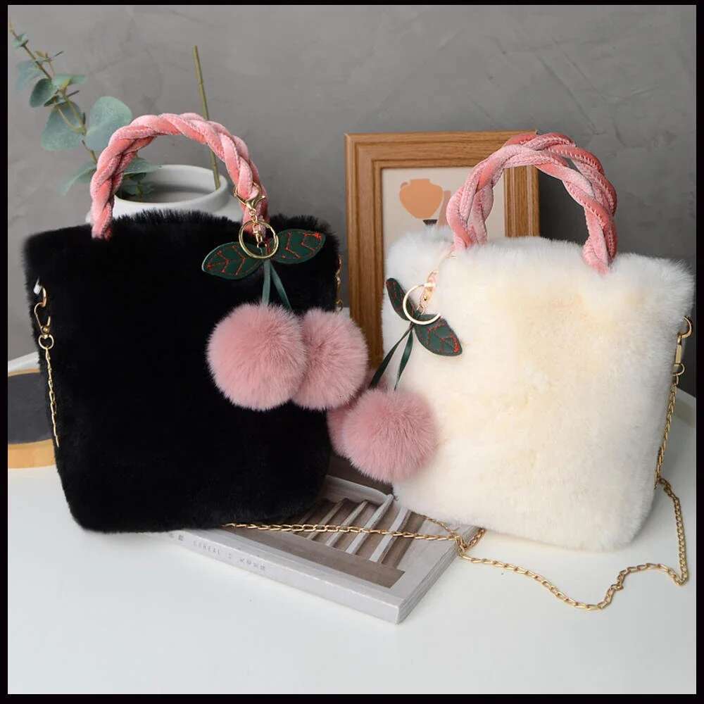 New Women Soft Plush Handbag Winter Furry Ladies Clutch Purse Shoulder Bags Fashion Female Cherry Pendant Messenger Bag