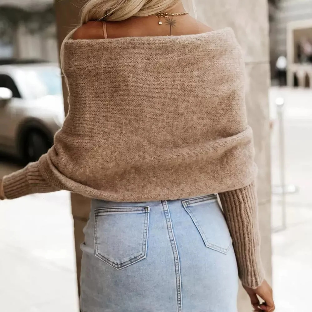 Pullovers Women Tops Knitted Off Shoulder Full Sleeve Thick Warm Elegant Splice Autumn Winter Sweaters Jumpers Top 250210