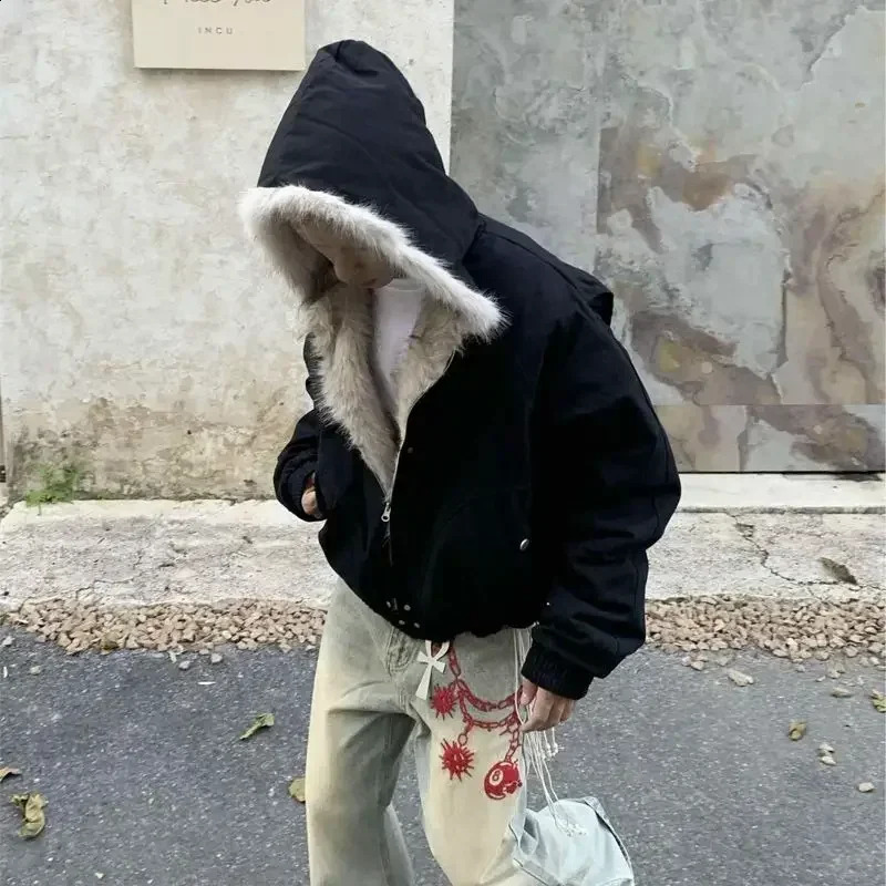 Winter Retro Fur Collar And Velvet Padded Warm Hooded Coat Korean Men Y2K Harajuku Hip Hop Goth Casual Joker Couple 250210