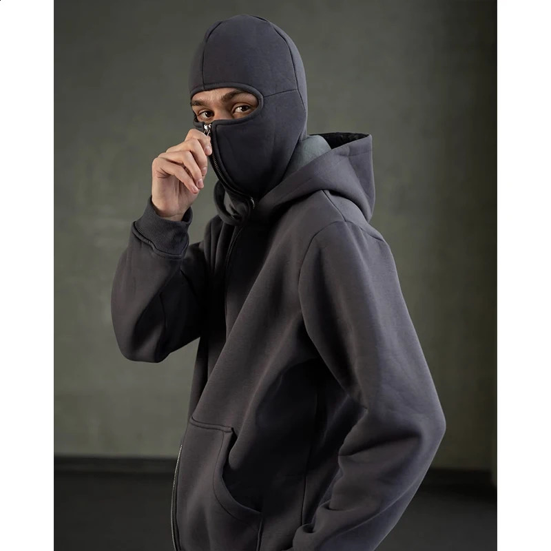 Full Zipper Retro Ninja Mask Jacket Coats Y2k Hip Hop Rock Men Oversized Punk Hoodie Winter Warm Long Sleeve Sweatshirt American 250211