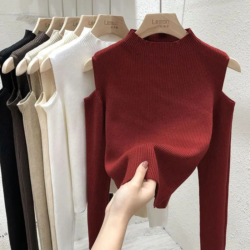 Spring and autumn solid color semi long sleeved sweater womens long sleeved off shoulder elegant slim fit top 250210