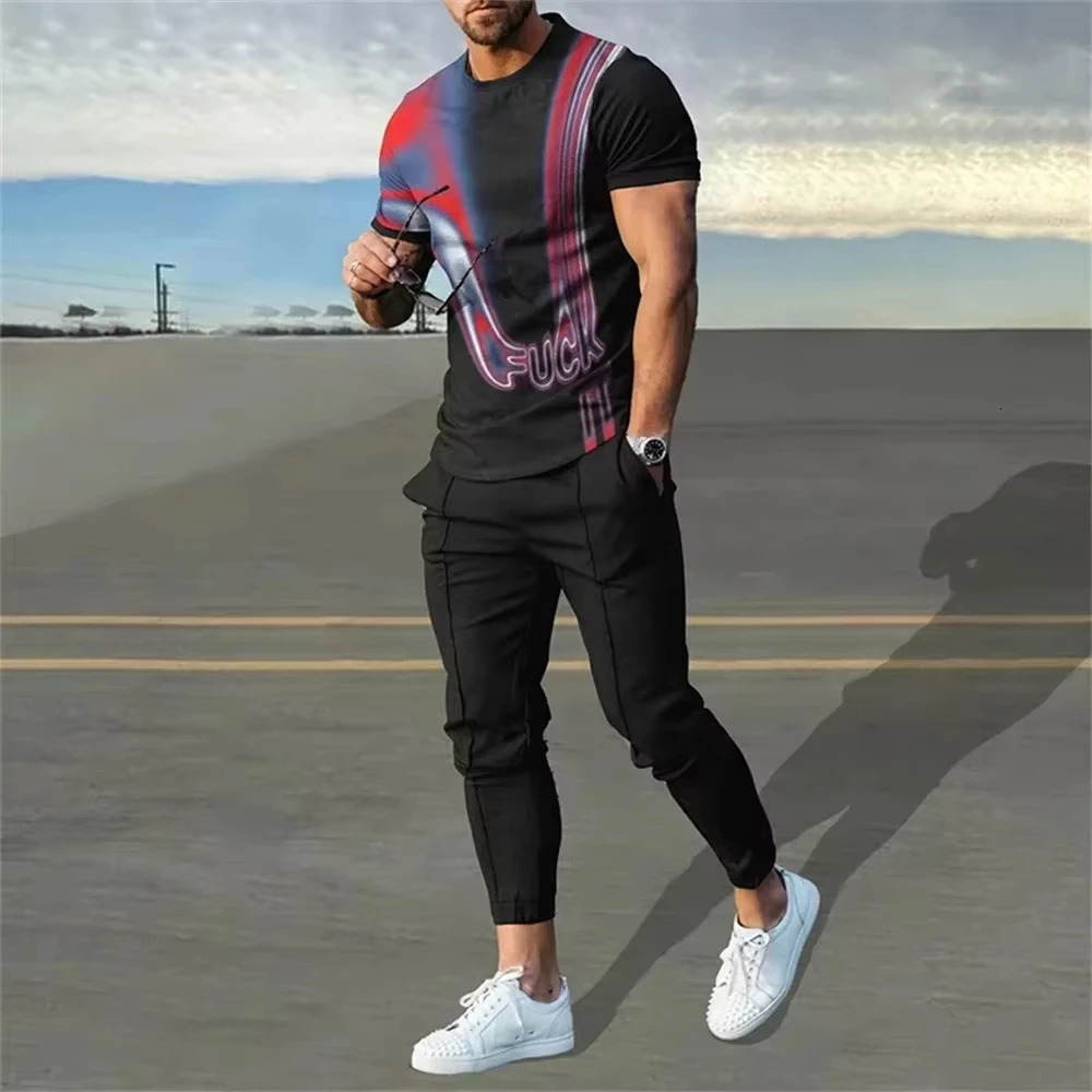 Summer 3D PrintedMen short T-shirt Trousers Set Men Short Sleeve Long Pants Set Retro Casual Men T-shirt Trousers Suit 250214