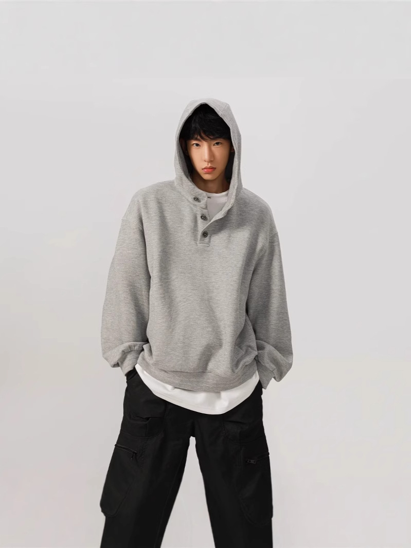 M8195 Men's autumn trendy high collar button hooded sweatshirt casual jacket